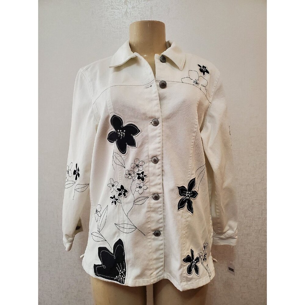 COLDWATER CREEK WHITE WOMEN'S  DENIM JACKET/BLAZER FLORAL DESIGN  SIZE M #219